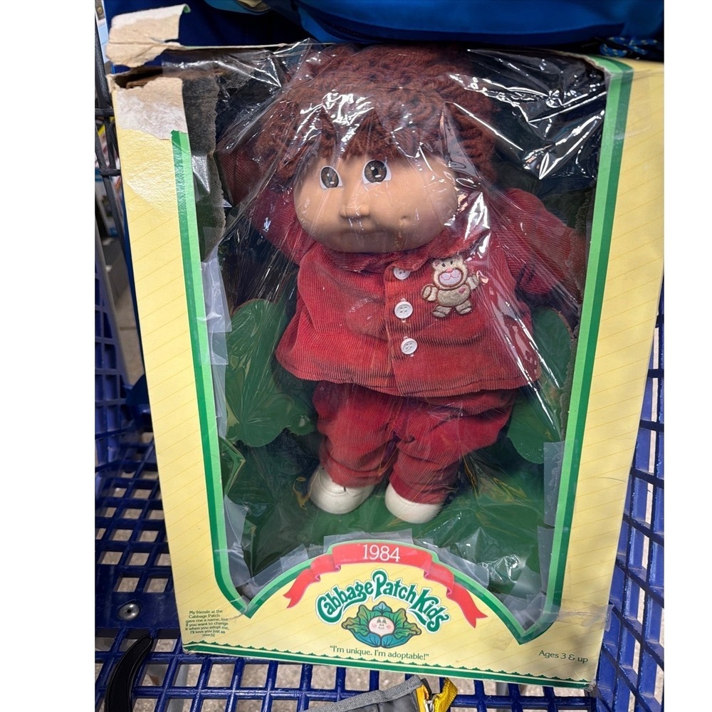 Vintage 1984 Cabbage Patch Kids Doll Corduroy Brown eyes curly Hair Damaged Box